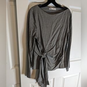 Zara Long Sleeve Houndstooth Top with Tie Waist, Sz L